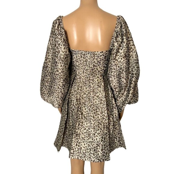 Sister Jane Tempo Leopard Jacquard Puff Sleeve Sweetheart Mini Dress Size XS - Picture 3 of 8